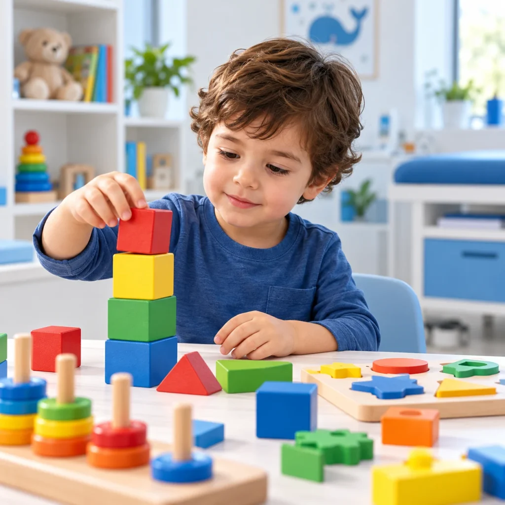 Niño jugando con bloques en una escena de desarrollo infantil de demostración