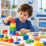 Niño jugando con bloques en una escena de desarrollo infantil de demostración