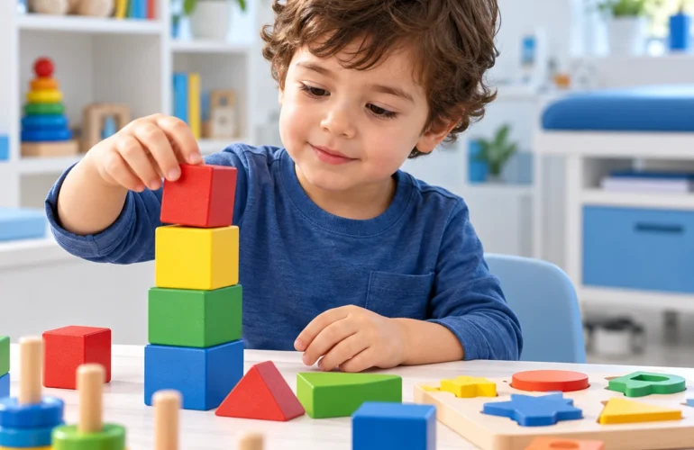 Niño jugando con bloques en una escena de desarrollo infantil de demostración